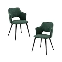 meuble cosy lot de 2 chaises de salle à manger rétro fauteuil avec accoudoirs assise rembourrée en tissu pieds en métal pour cuisine salon chambre bureau, acier allié, vert, 48x54,5x80cm