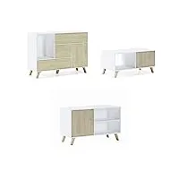 skraut home | ensemble de meubles modèle wind | mélamine | buffet 120x40x86, table basse 92x50x45, meuble tv 95x40x57 |finition couleur blanc/chêne