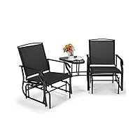 costway lot de 2 chaises à bascule d’extérieur et 1 table basse en verre avec trou pour parasol, salon de jardin en acier et tissu, charge 150 kg, 195x86x91,5 cm, noir