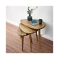 lot de 3 tables gigognes solides en noyer avec pieds effilés - meuble d'intérieur en bois de style rétro