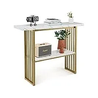 costway table console marbre à 2 niveaux scandinave, meuble d'entrée doré cadre en métal, console meuble pour entrée, salon, chambre, doré