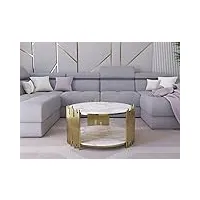 deco in paris table basse ronde en verre effet marbre et métal doré oriana, blanc, 80x80x45x80