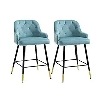 homcom lot de 2 tabourets de bar chaises hautes capitonnées aspect velours, pieds métal noir et doré avec repose-pieds, accoudoirs hauteur 61 cm - bleu