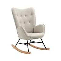 meuble cosy fauteuil à bascule allaitement scandinave chaise loisir et repos en tissu avec pieds en e' bois métal pour salon, chambre, massif, beige, 66x84x97cm