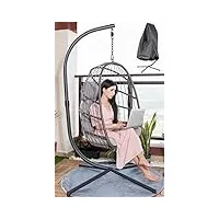 mojia fauteuil suspendu avec armature en rotin synthétique avec coussin et capot, fauteuil suspendu pour l'extérieur et l'intérieur - charge maximale : 195 kg (gris clair)