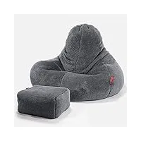 lounge pug - pouf fauteuil gamer avec repose-pied - fausse fourrure nounours gris foncé - ultra lux - pouf fauteui