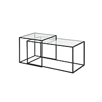 meuble cosy lot de 2 tables basses gigognes industriel rectangulaire bout de canapé en verre trempé et cadre en métal, noir, 90x45x45/50x50x50cm