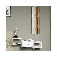 [en.casa] Étagère murale design pour entrée meuble de rangement avec tiroir miroir capacité de charge 15 kg panneau de particules 36 x 100 x 30 cm blanc