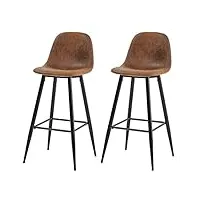 meuble cosy lot de 2 tabouret de bar rétro vintage avec dossier et repose-pieds, sièges rembourrés, style industriel, chaises hautes en suédine marron, 49x42.5x103.5cm