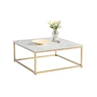 meuble cosy table basse de salon carré effet marbré structure en métal, style rétro industriel, 80x80x34cm, blanc + doré