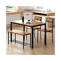 sogeshome table de cuisine 4 pièces et 2 chaises pour 4 personnes avec banc, table à manger pour petit espace, appartement, salon, restaurant, vintage marron