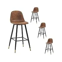 meuble cosy lot de 4 tabouret de bar rétro vintage avec dossier et repose-pieds, siège rembourrés de 76 cm de haut, style industriel, chaises hautes en suédine marron, pieds en métal noir et or
