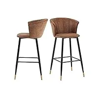 meuble cosy lot de 2 tabouret de bar rétro vintage avec accoudoirs dossier et repose-pieds, chaises rembourrés en suède marron, siège de cuisine de 77 cm haut, style industriel, en métal noir et or