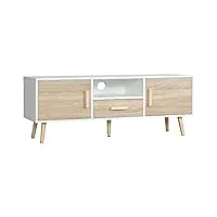 homcom meuble tv bas pour tv jusqu'à 46" avec étagère ouverte, un tiroir et 2 armoires, en aggloméré et bois de pin, 120 x 37 x 45,5 cm, blanc et couleur bois