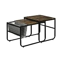homcom lot de 2 tables basses gigognes design industriel encastrable - pochette rangement intégrée polyamide gris - métal noir aspect vieux bois