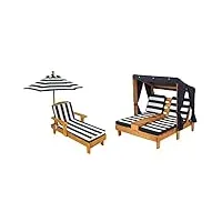 kidkraft 105 chaise longue en bois avec parasol - meuble de jardin pour enfant & 524 double chaise longue en bois avec porte-gobelet meuble de jardin pour enfant bleu marine et blanc