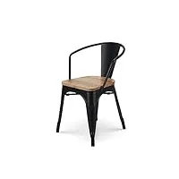 kosmi - chaise en métal noir style industriel et assise en bois naturel clair - fauteuil avec accoudoirs