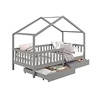 idimex lit cabane elea lit enfant simple montessori 90 x 200 cm, avec 2 tiroirs de rangement, en pin massif lasuré gris