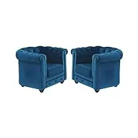 vente-unique - lot de 2 fauteuils chesterfield - velours bleu canard