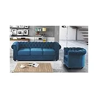 vente-unique - canapé 3 places et fauteuil chesterfield - velours bleu canard
