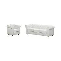 vente-unique - canapé 3 places et fauteuil chesterfield - simili blanc