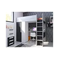 vente-unique - lit mezzanine 90 x 200 cm avec armoire et bureau - anthracite et blanc + matelas - nicolas ii