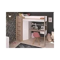 vente-unique lit mezzanine avec bureau et armoire - 90 x 200 cm - coloris : blanc et naturel + matelas - auckland