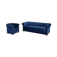 vente-unique - canapé 3 places et fauteuil chesterfield - velours bleu roi