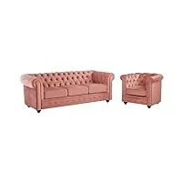 vente-unique - canapé 3 places et fauteuil chesterfield - velours rose pastel