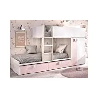 vente-unique - lits superposés 2 x 90 x 190 cm - armoire intégrée - blanc, naturel et rose + matelas - juanito