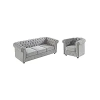 vente-unique - canapé 3 places et fauteuil chesterfield - velours gris clair
