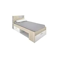 vente-unique - lit avec tête de lit rangements et tiroir - 90 x 190 cm - blanc et naturel - leandre