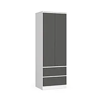 3e 3xe living.com armoire 2 portes et 2 tiroirs (l:60cm / h:180cm / p:51cm) en blanc & gris graphite, armoire chambre, armoire de rangement, meuble rangement, armoire a vetement.