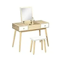 homcom ensemble de coiffeuse table de maquillage avec tabouret miroir rabattable style scandinave 2 tiroirs 2 en 1 bureau - 100 x 45 x 118 cm