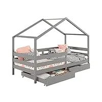 idimex lit cabane ena lit enfant simple montessori 90 x 200 cm, avec 2 tiroirs de rangement, en pin massif lasuré gris