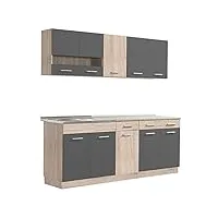 homestyle4u 2357, cuisine kitchenette bloc de cuisine chêne bois gris cuisine intégrée simple cuisine armoires 200 cm