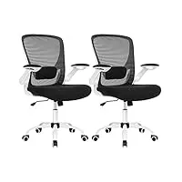 songmics chaise bureau ergonomique en toile, lot de 2, fauteuil, support lombaire rembourré, mécanisme à bascule, assise large de 53 cm, accoudoirs rabattables, noir et blanc obn37wt-2