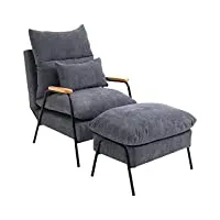 homcom fauteuil lounge style néo-rétro avec repose-pied - dossier inclinable - structure acier noir accoudoirs bois hévéa revêtement velours côtelé gris