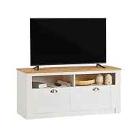 idimex meuble tv bolton 2 tiroirs et 2 niches de rangement, meuble télé design campagne en pin massif blanc et brun, dim 110x50x40 cm