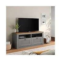 idimex meuble tv bolton 2 tiroirs et 2 niches de rangement, meuble télé design campagne en pin massif gris et brun, dim 110x50x40 cm