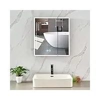 plumbsys armoire de salle de bain en aluminium avec éclairage led avec miroir, montage mural, réglage de la luminosité, désembuage, noir, heure et température digitales 60x65cm