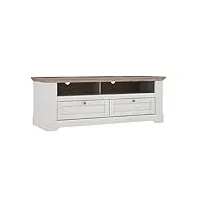 meuble tv 145 cm 2 tiroirs 2 niches poignées métal décor chêne clair blanchi style classique chic et campagne - angele