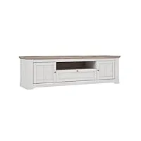 meuble tv 205 cm 2 portes 1 tiroir 1 niche poignées métal décor chêne clair blanchi style classique chic et campagne - angele