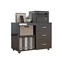 caisson de bureau classeur mobile en bois avec serrure, tiroirs à 3 couches et casiers de séparation ouverts, support d'imprimante (color : black, size : 70x40x56cm)