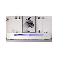 merax meuble tv bas 240 cm blanc moderne avec 2 rabats et 2 casiers comme espace de rangement, panneau clair, éclairage led variable, pour salon et salle à manger, 240 x 39 x 35 cm