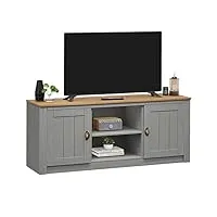 idimex meuble tv bolton banc tv de 138 cm, avec rangement 2 portes et 2 niches, en pin massif lasuré gris et brun