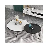 ensemble de 2 tables gigognes rondes en verre table centrale de salon avec cadre en métal noir table de canapé d'appoint moderne, noir + blanc (taille : 70x70x37cm+55x55x45cm)
