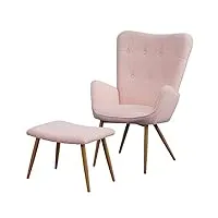 albatros fauteuil à oreilles avec tabouret oxford rose - housse confortable aspect fourrure vintage et élégant - fauteuil de lecture ou fauteuil