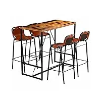 chusui ensemble de 5 tables de bar avec tabourets de bar, table haute avec chaises, table de salle à manger avec chaises, comptoir de cuisine avec tabouret, bois massif et cuir de chèvre véritable