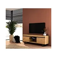skraut home | meuble tv modèle naturale | 140 x 40 x 53 cm | finition couleur chêne/noir | salon- séjour | support télévision, avec étagères et placards de rangement. (naturale 140 pieds)